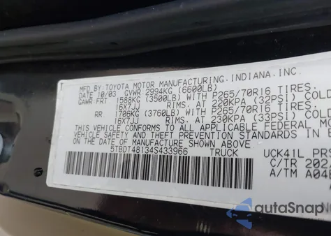 2004 Toyota Tundra Limited V8 z USA, uszkodzony, nr VIN 5TBDT48134S433966